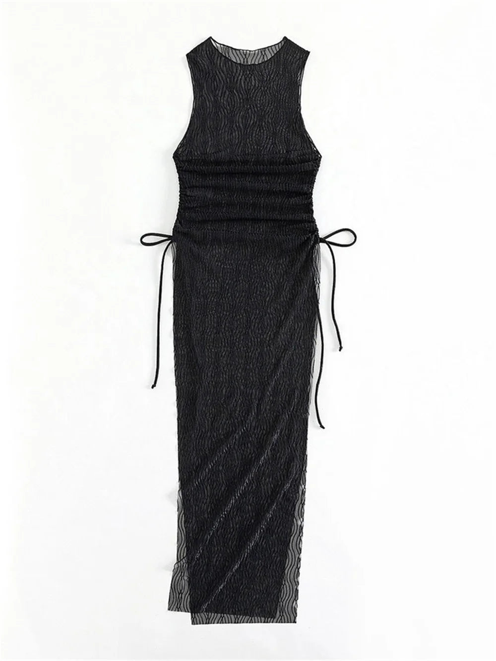 Sexy Mesh High Slit Dress Cover-Ups Transparent Jacquard Drawstrinig Beach Bikini Cover Up Women Swimwears Vacation Outfit Mujer