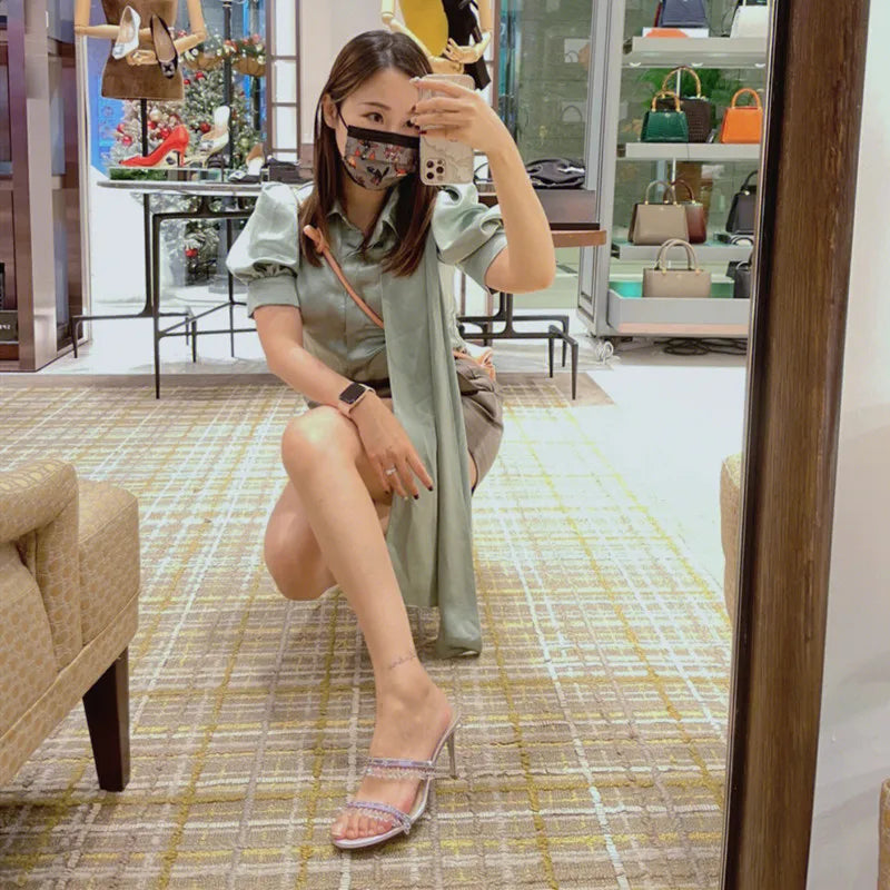 2025 Summer New Sexy Women Sandals Thin Heel Rhinestone High Heels Open Toe Backless Slippers Fairy Style