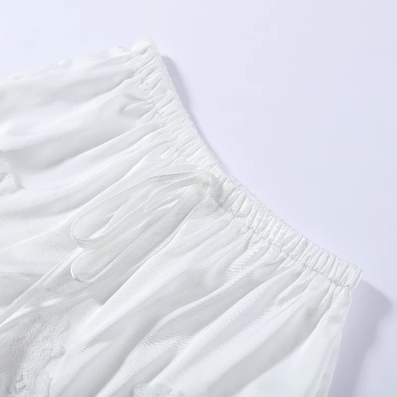 Women Short Set Satin Lace Spaghetti Strap V-Neck Top Drawstring Waist Lace Trim Shorts Elegant Casual Solid Two Piece Set Lady