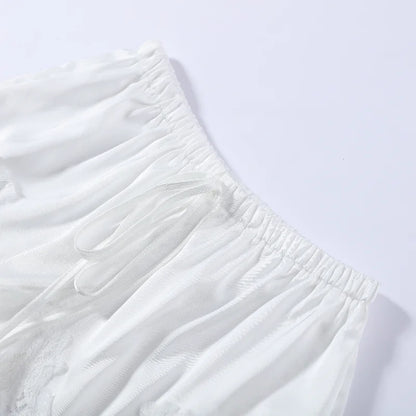 Women Short Set Satin Lace Spaghetti Strap V-Neck Top Drawstring Waist Lace Trim Shorts Elegant Casual Solid Two Piece Set Lady