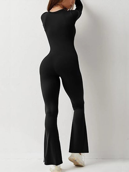 2024 Spring and Autumn Women's Long Sleeve Belly Tightening Waist Hip Lifting Square Neck Wide Leg High Elastic Jumpsuit