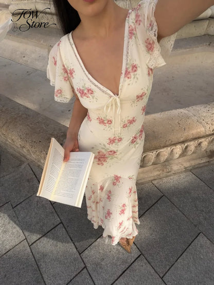 Flutter Sleeves Slim Long Dress Women Casual Pleated Deep V-neck Floral Print High Waist Dresses 2026 Lady Summer Holiday Wear