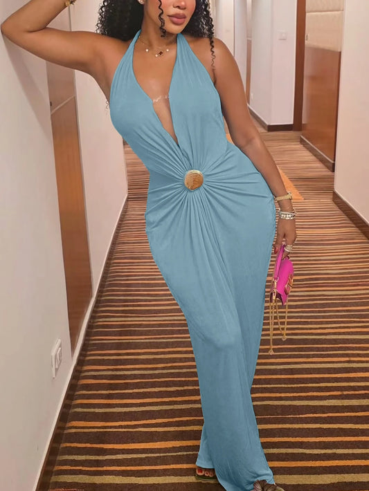 Maxi Dress Spring Summer Women Light Blue Halter Neck Twist Front Sexy Elegant Party Date Evening Club Dress