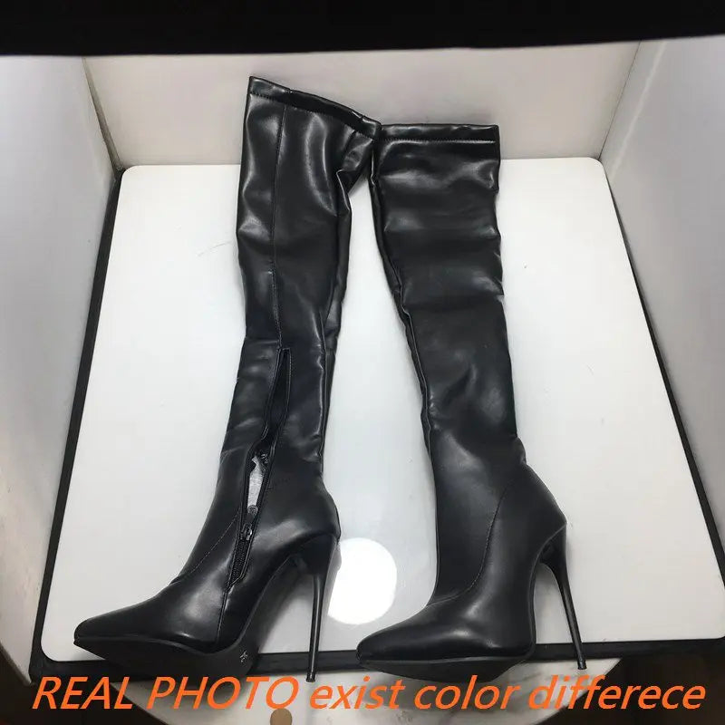 ORCHA LISA Winter Shoes Women Stilettos Thin Heels Over The Knee Boots Pointed Toe Stretched Zipper Thigh high Booties US15
