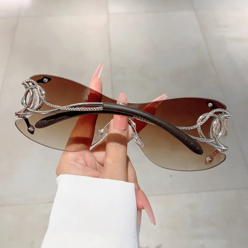 Rimless Gradient Snake Shaped Mirror Leg Sunglasses Oversized Y2k Trendy Wrap Around Punk