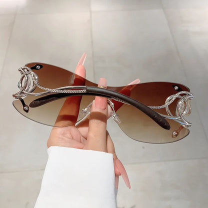 Rimless Gradient Snake Shaped Mirror Leg Sunglasses Oversized Y2k Trendy Wrap Around Punk