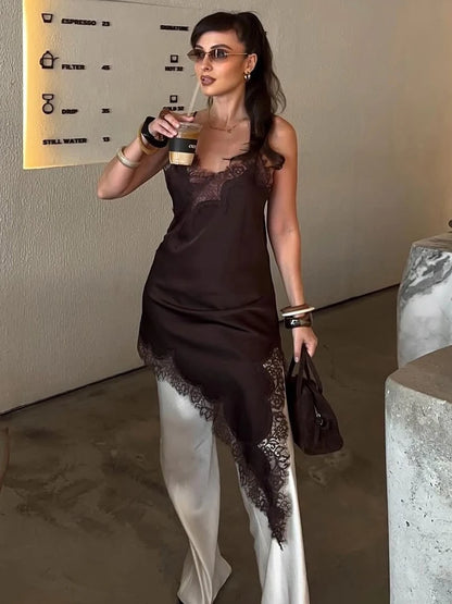 HH Elegant Sexy Women Lace Slip Mini Dress 2025 Sleeveless Asymmetry Dress Backless Slim Female Party Beach Sling Splicing Dress