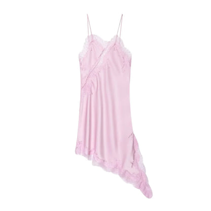 HH Elegant Sexy Women Lace Slip Mini Dress 2025 Sleeveless Asymmetry Dress Backless Slim Female Party Beach Sling Splicing Dress
