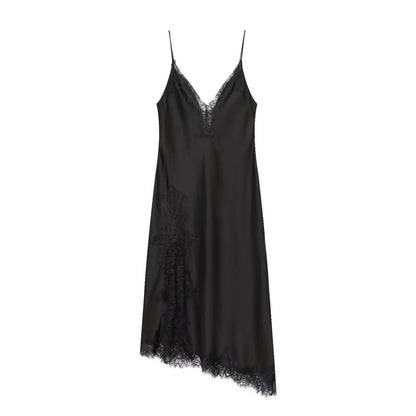 HH Fashion Soild Asymmetric Lace Satin Dress For Women's Sexy V-Neck Sleeveless Backless Slit Evening Party Slip Midi Dress