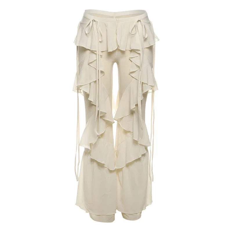 3 Pcs Sexy Knit Bikini With Pants Wide-Leg Ruffle Lace Pants Summer Women White Tube Top with Pants Suit Female