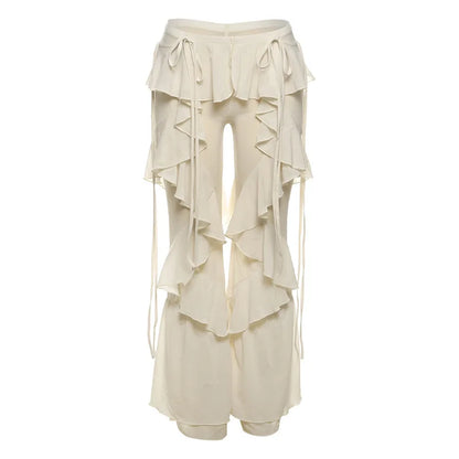 3 Pcs Sexy Knit Bikini With Pants Wide-Leg Ruffle Lace Pants Summer Women White Tube Top with Pants Suit Female