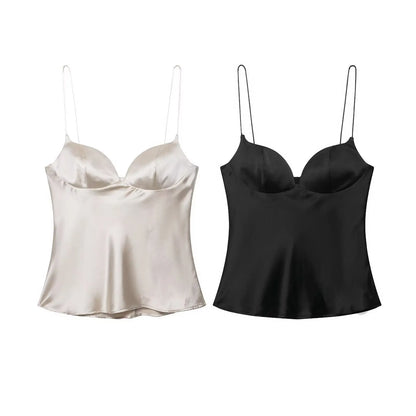 2026 New Summer Satin Textured Black Sling Tops Women Elegant V-neck Backless Tops Shirt Women Sexy Tops Club Party Tanks
