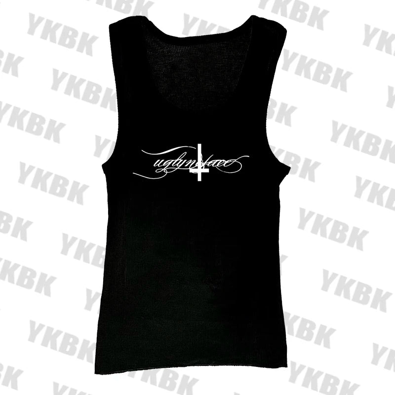 Letter cross print suspender casual streetwear harajuku grunge punk Y2K crop tops chic sexy lace trim emo girl hip hop women top