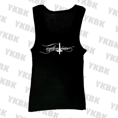 Letter cross print suspender casual streetwear harajuku grunge punk Y2K crop tops chic sexy lace trim emo girl hip hop women top