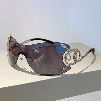 Rimless Gradient Snake Shaped Mirror Leg Sunglasses Oversized Y2k Trendy Wrap Around Punk