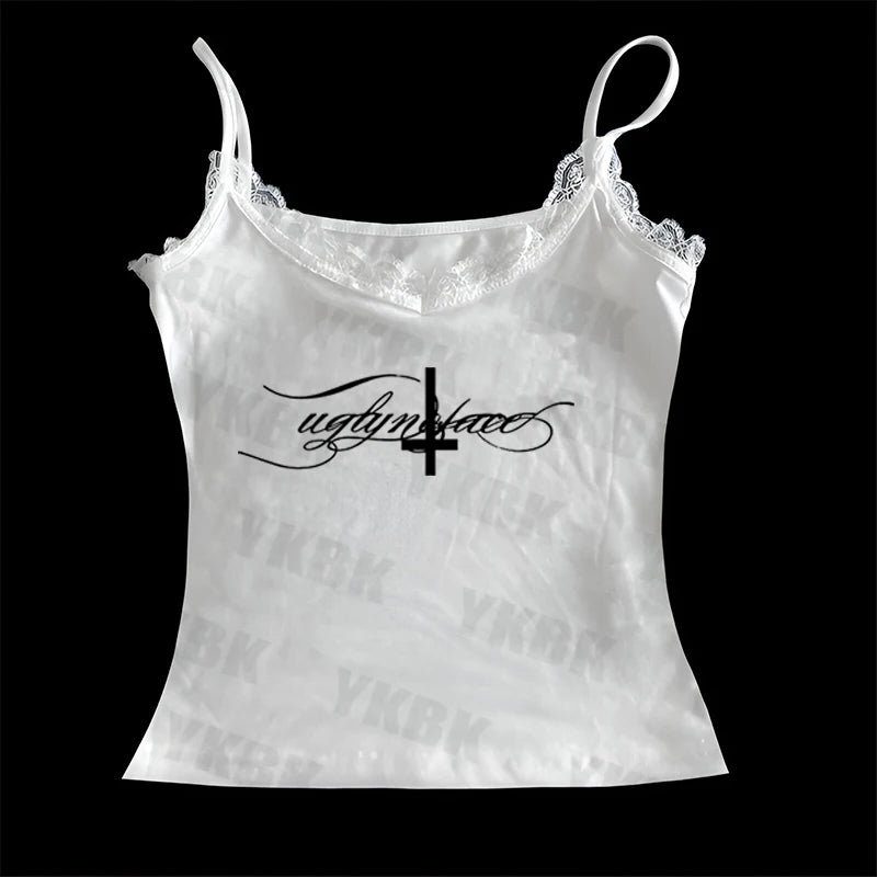 Letter cross print suspender casual streetwear harajuku grunge punk Y2K crop tops chic sexy lace trim emo girl hip hop women top
