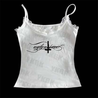 Letter cross print suspender casual streetwear harajuku grunge punk Y2K crop tops chic sexy lace trim emo girl hip hop women top