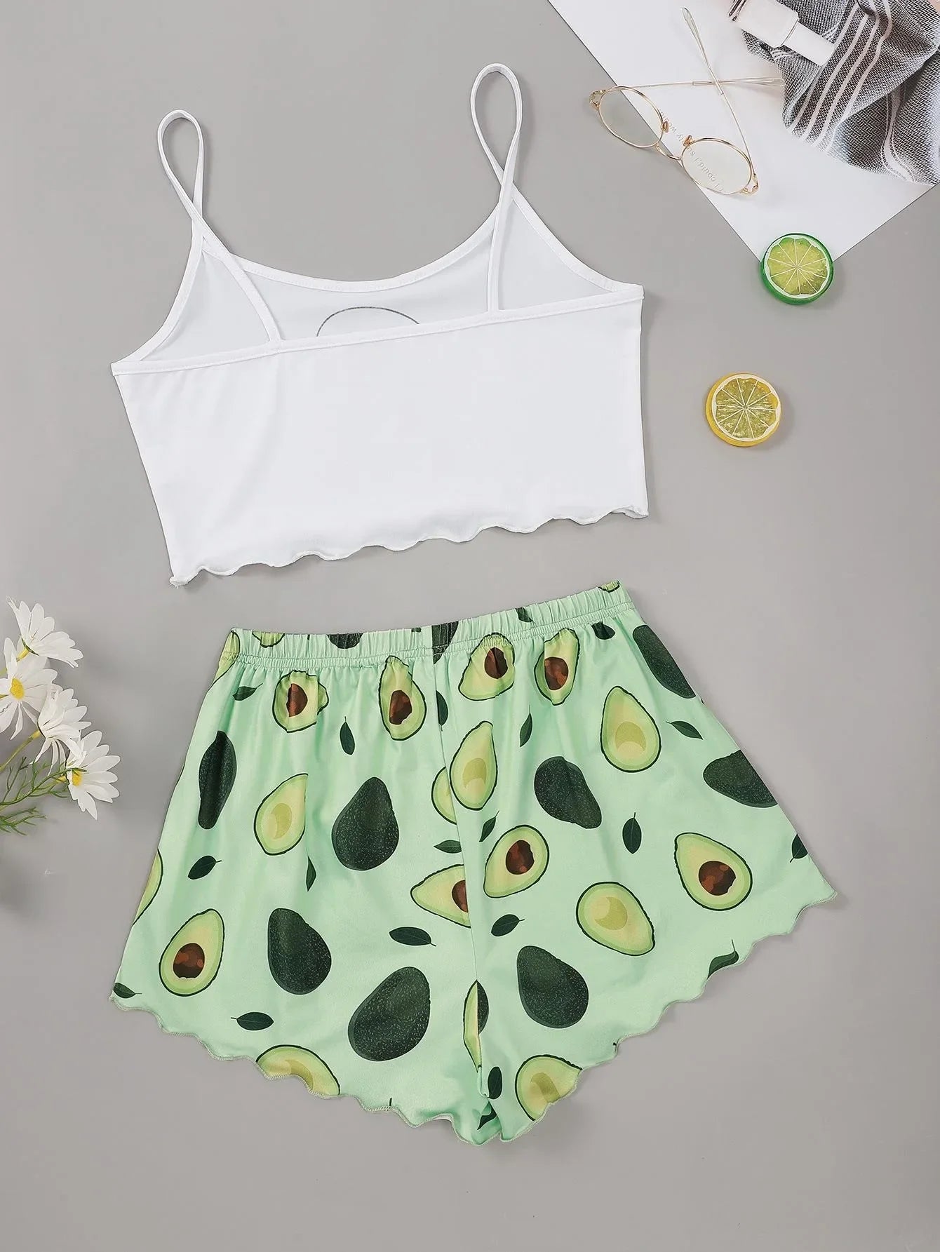 Avocado Print Camisole with Shorts Pajamas Set