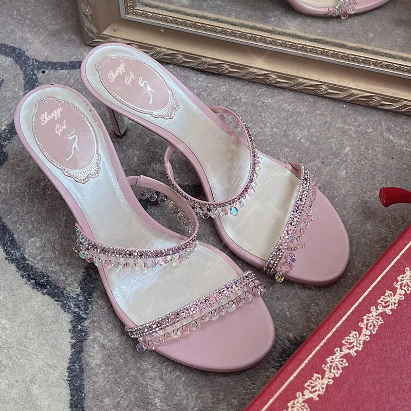 2025 Summer New Sexy Women Sandals Thin Heel Rhinestone High Heels Open Toe Backless Slippers Fairy Style