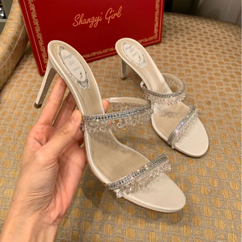 2025 Summer New Sexy Women Sandals Thin Heel Rhinestone High Heels Open Toe Backless Slippers Fairy Style