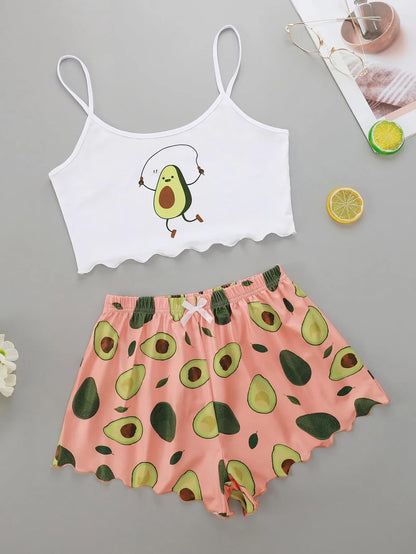 Avocado Print Camisole with Shorts Pajamas Set