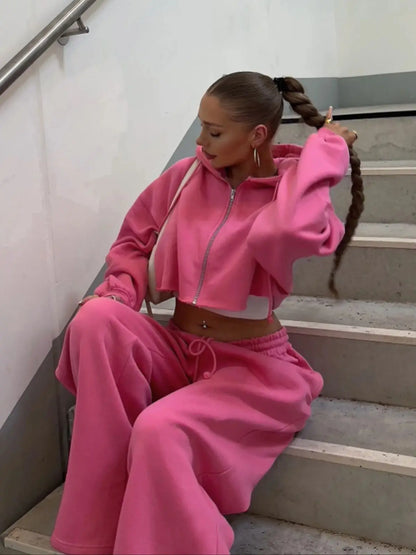 Hooded Zip-up Cropped Sweatshirt and Long Pants