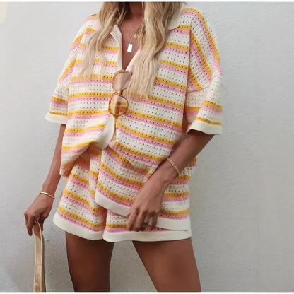 2025 Summer Women'S Hollow Striped Knitted 2 Pieces Set Short Sleeve Flip Collar Cardigan Single Breasted Casual Shorts Suits