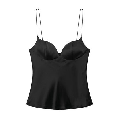 2026 New Summer Satin Textured Black Sling Tops Women Elegant V-neck Backless Tops Shirt Women Sexy Tops Club Party Tanks