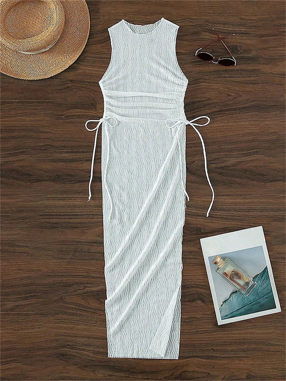 Sexy Mesh High Slit Dress Cover-Ups Transparent Jacquard Drawstrinig Beach Bikini Cover Up Women Swimwears Vacation Outfit Mujer