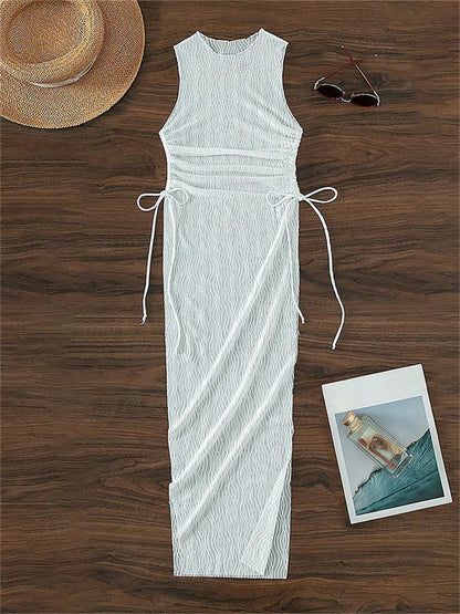 Sexy Mesh High Slit Dress Cover-Ups Transparent Jacquard Drawstrinig Beach Bikini Cover Up Women Swimwears Vacation Outfit Mujer