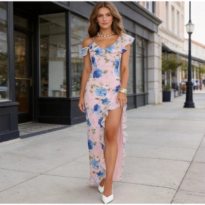 Flutter Sleeves Slim Long Dress Women Casual Pleated Deep V-neck Floral Print High Waist Dresses 2026 Lady Summer Holiday Wear
