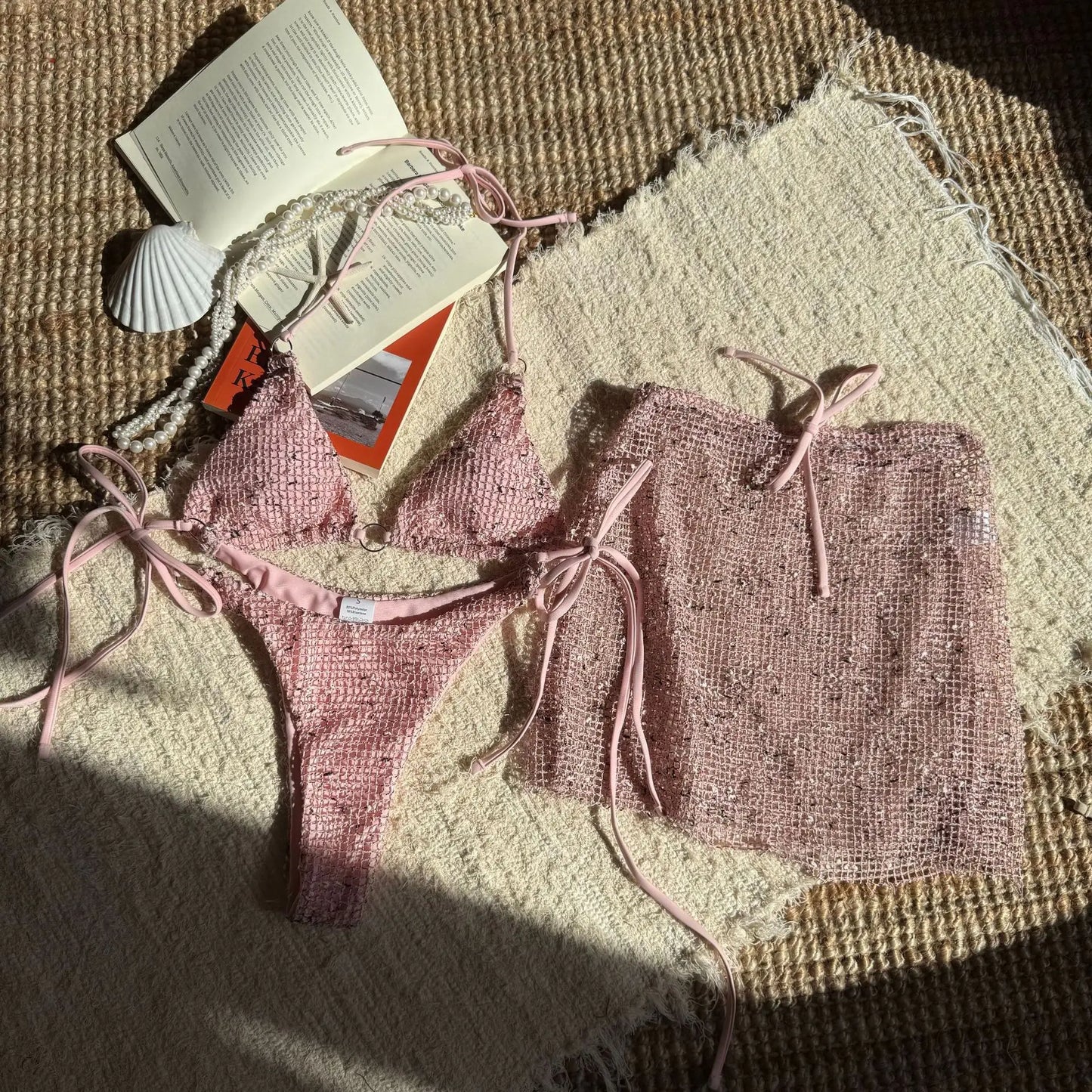 2025 New Summer Halter Bikini 3 Pieces Women Special Material Sexy Thong Swimwear with Sarong Skirt Solid Pink Beachwear