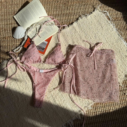 2025 New Summer Halter Bikini 3 Pieces Women Special Material Sexy Thong Swimwear with Sarong Skirt Solid Pink Beachwear