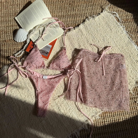 2025 New Summer Halter Bikini 3 Pieces Women Special Material Sexy Thong Swimwear with Sarong Skirt Solid Pink Beachwear