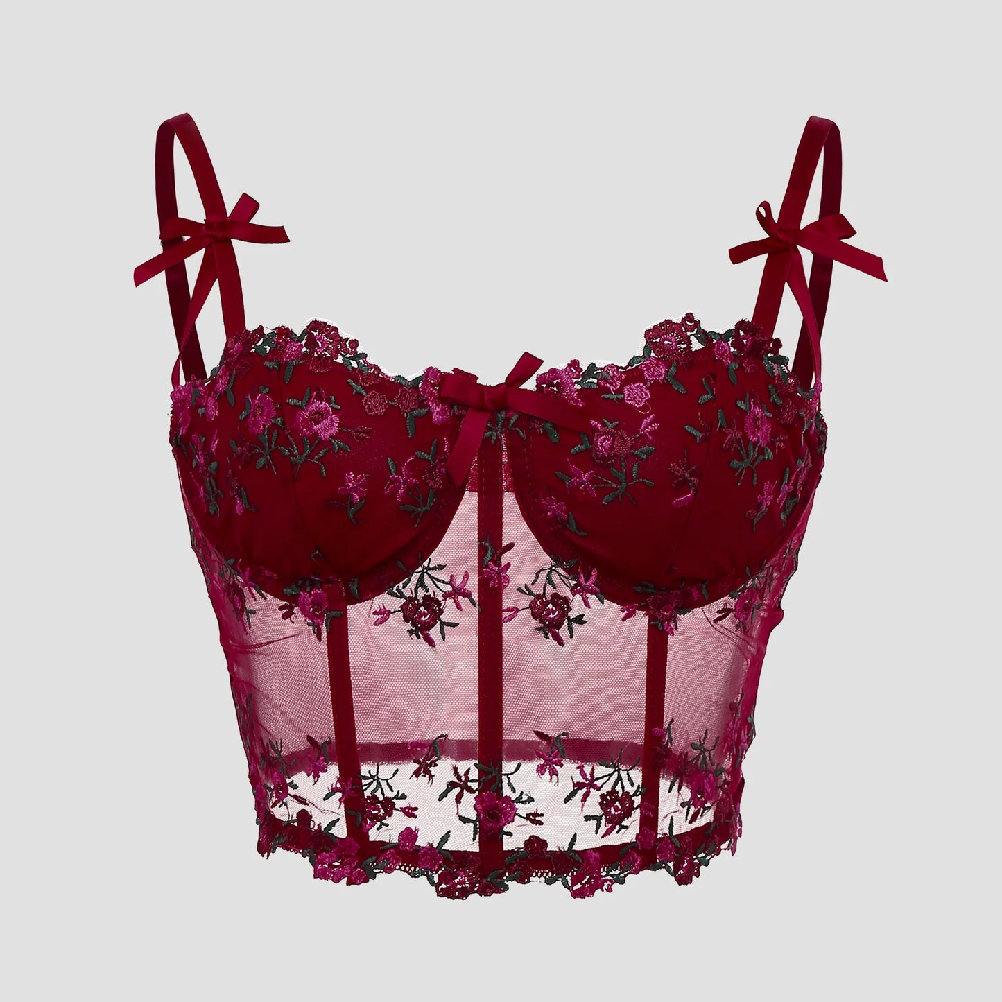 Sexy Lace Floral Embroidery Bow Corset For Women Camisole Sheer Mesh Fishbone Slim Crop Top Wired Bra Camis Festival Lingerie