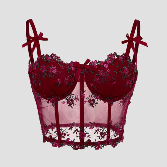 Sexy Lace Floral Embroidery Bow Corset For Women Camisole Sheer Mesh Fishbone Slim Crop Top Wired Bra Camis Festival Lingerie