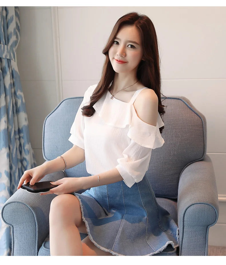 One-Shoulder Ruffles Short-sleeved Chiffon Blouse