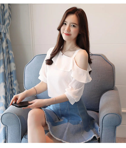 One-Shoulder Ruffles Short-sleeved Chiffon Blouse