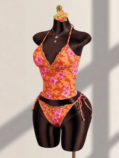 Women's 2026 New Summer Halter Print Bikini Set Sexy Backless Two Piece Swimwear