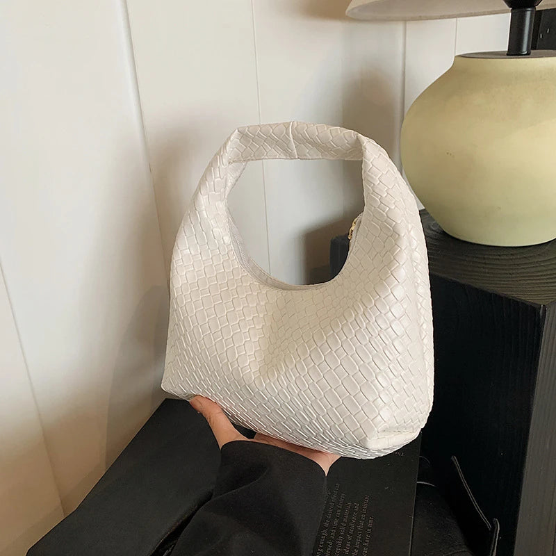 Women Classic Fashion Woven Embossed Hobo Soft PU Leather Small Top-handle Shoulder Bag Casual Daily Handbags