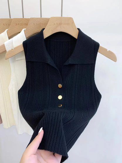 Summer Turn Down Collar Gold Button Slim Knitted Sweater Vests Elegant Knitwear Tank Tops BSTFSC-m1948
