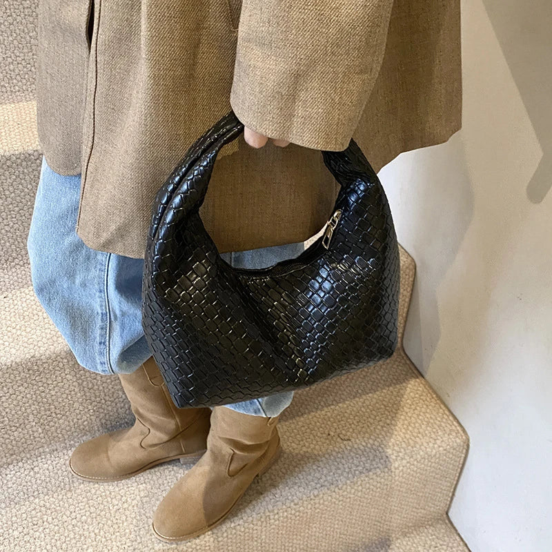 Women Classic Fashion Woven Embossed Hobo Soft PU Leather Small Top-handle Shoulder Bag Casual Daily Handbags