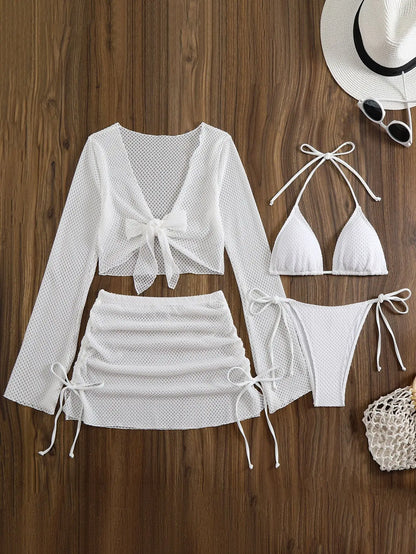 Sexy Solid Color Bikini Set Strap Crossbody Swimwear Polyester Fabric Backless Design for Swimming And Water Sports