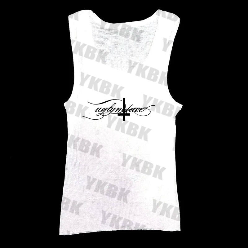 Letter cross print suspender casual streetwear harajuku grunge punk Y2K crop tops chic sexy lace trim emo girl hip hop women top