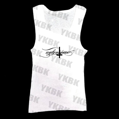 Letter cross print suspender casual streetwear harajuku grunge punk Y2K crop tops chic sexy lace trim emo girl hip hop women top