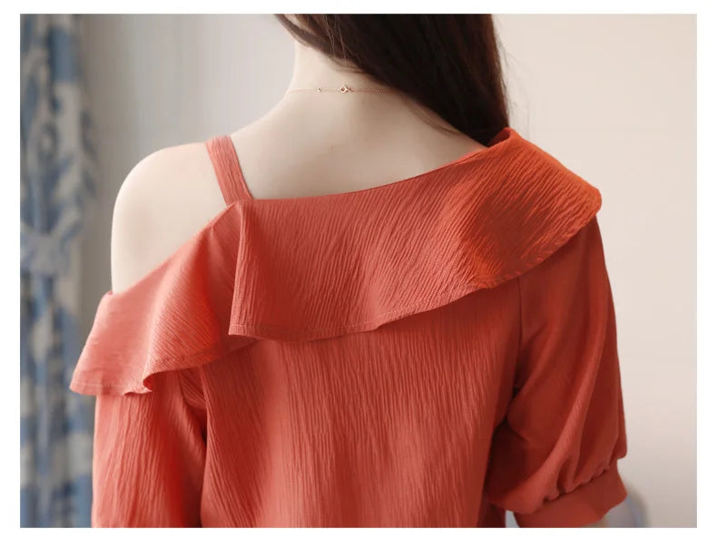 One-Shoulder Ruffles Short-sleeved Chiffon Blouse