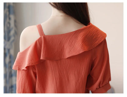 One-Shoulder Ruffles Short-sleeved Chiffon Blouse
