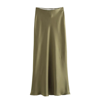 HH 2024 Y2K Casual Women Long Skirt Spring Elastic High Waisted A-Line Casual Female Satin Skirts High Street Lady Skirts