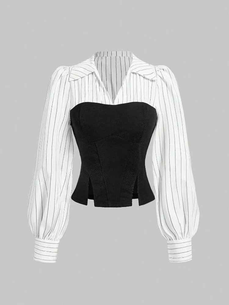 Women Elegant Striped Shirt  with Lapel Spliced
