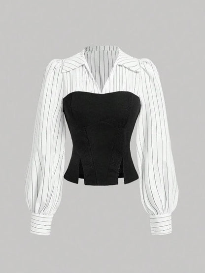 Women Elegant Striped Shirt  with Lapel Spliced